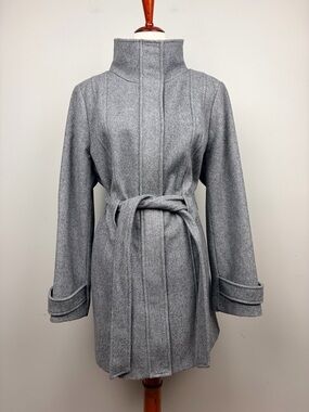 Calvin Klein Gray Wool Blend Belted Coat High Neck Zip Snap Size 14